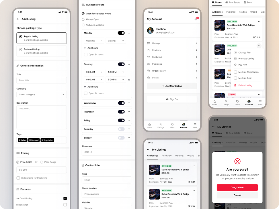 Directorist mobile app dashboard and profile screens